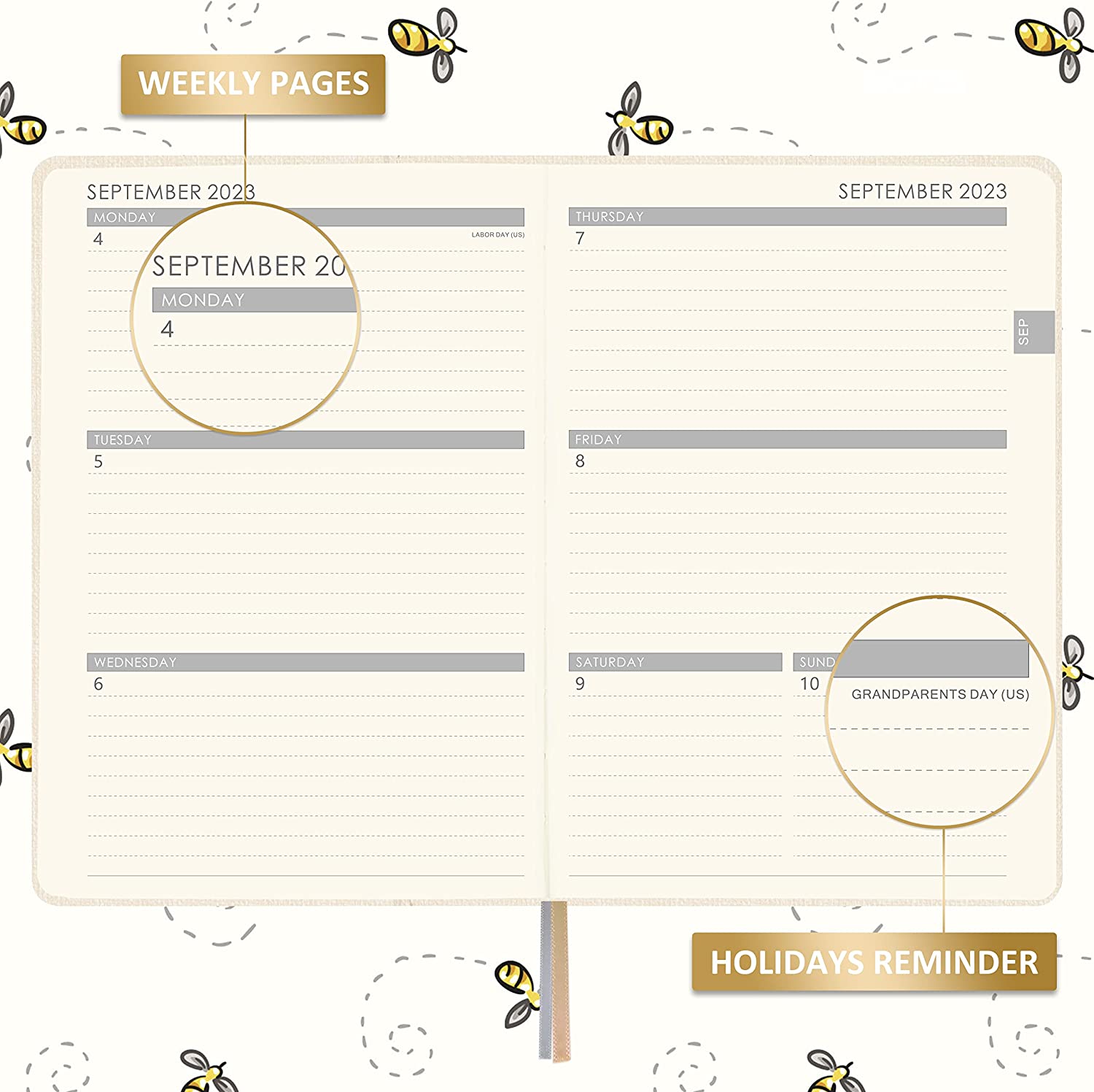 Planner 2023-2024 - Academic Planner 2023-2024 from July 2023 - June 2024, 2023-2024 Weekly Monthly Planner with Calendar Stickers, 5.75" x 8.25", Saffiano Leather, Pen Loop, Back Pocket - Black Bee - Image 4